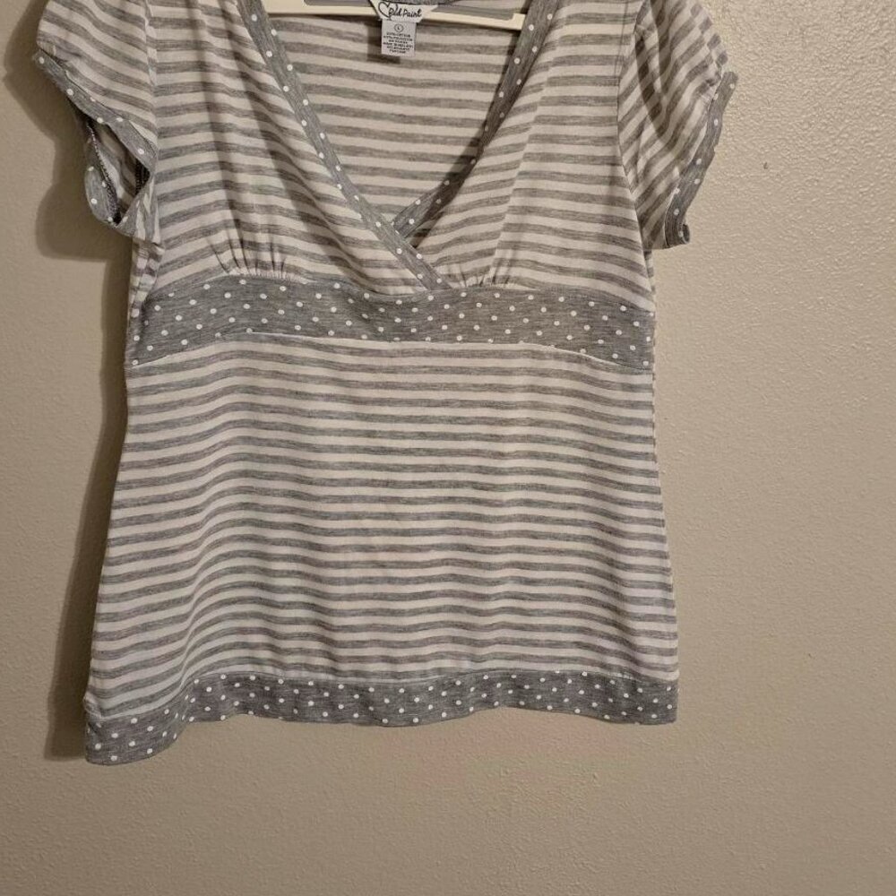Red Paint L Grey & White Striped Tee / Blouse / Top Polkadot details Cap Sleeve